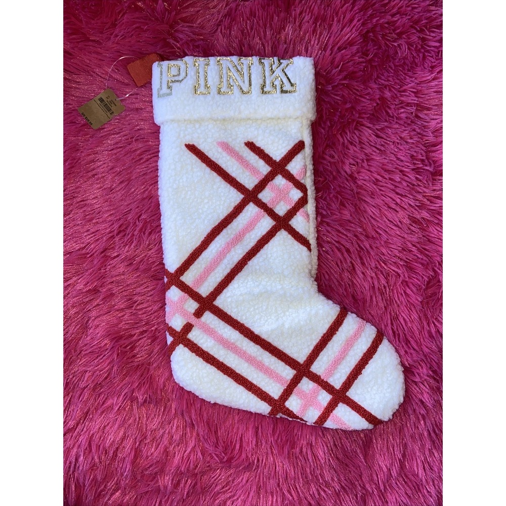 PINK By Victoria's Secret White Candy Cane Christmas‎ Stocking 16 in x 10 in NWT